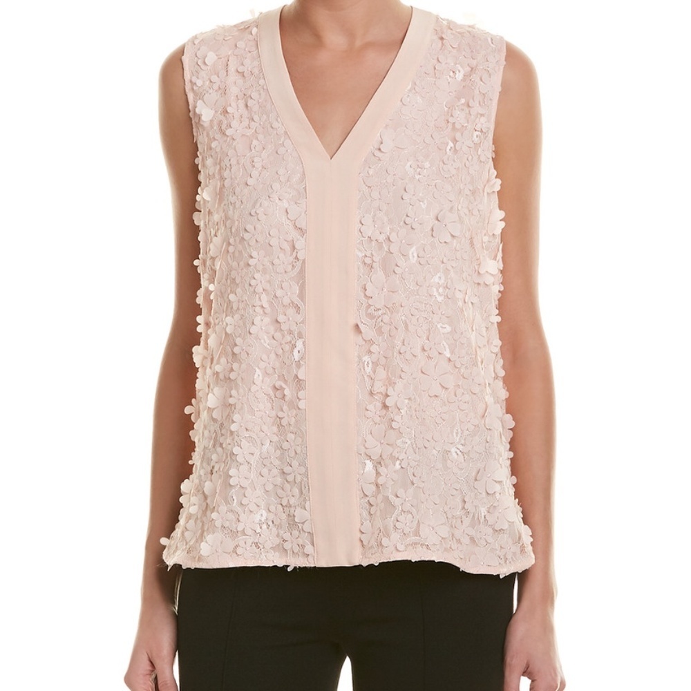 Badgley Mischka Silk appliqué top. Pink. NWT.